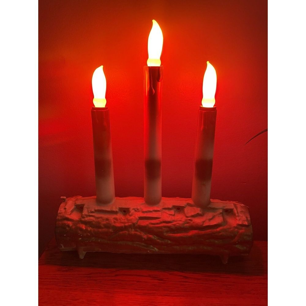 Vintage‎ Candelabra Yule Log Electric Christmas Lights Blow Mold & candlestick